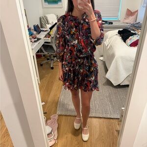 SALONI Multicolor Floral Ruffle Mini Dress - Black Base with Red & Blue Accents